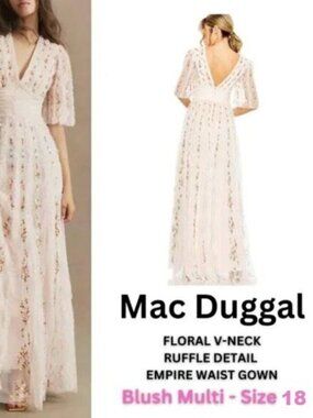 NWT Mac Duggal Floral V-Neck Ruffle Detail Empire Waist Gown Blush Multi Size 18